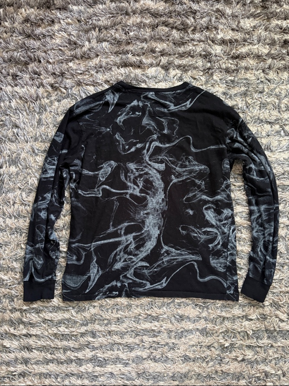 Black Cotton Long-Sleeve Embroidery & Graphic Crewneck Shirt with Smoke Motif M - Picture 2 of 6